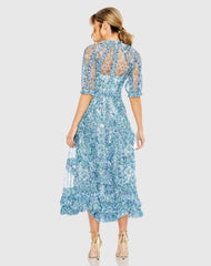 Blue Mesh Puff Sleeve Floral Print Dress