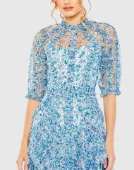 Blue Mesh Puff Sleeve Floral Print Dress