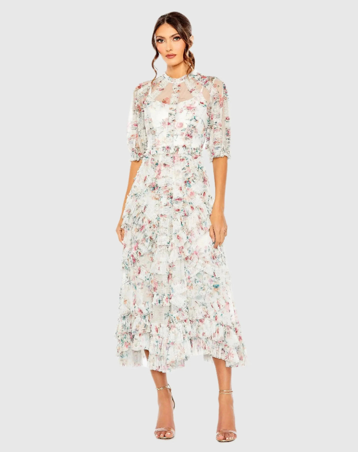 White Multicolor Mesh Puff Sleeve Floral Print Dress