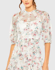 White Multicolor Mesh Puff Sleeve Floral Print Dress