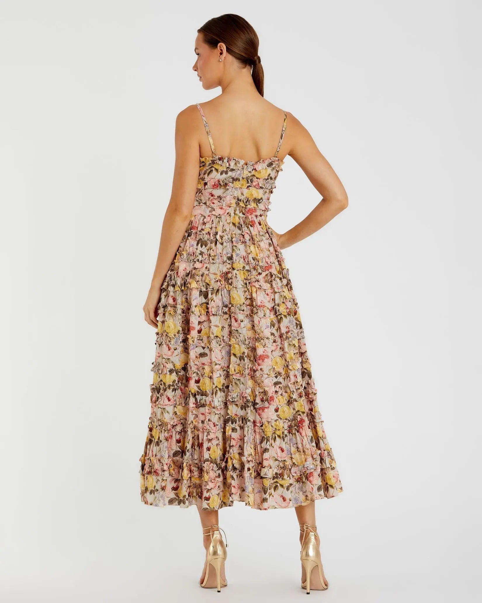 Beige Floral Print Ruffle Tiered Midi Dress
