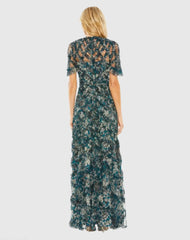 Blue Flutter Sleeve Floral Ruffle Detail Maxi Dress