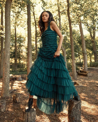 Teal Strapless Ruffle Layered Gown