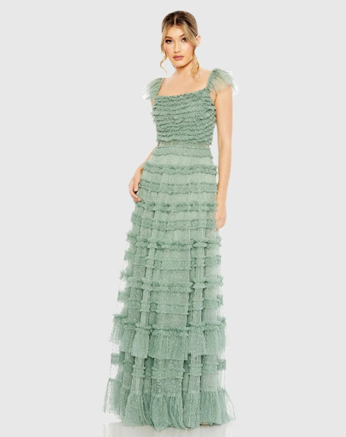 Green Ruffle Cap Sleeve Tiered Ruffle Gown