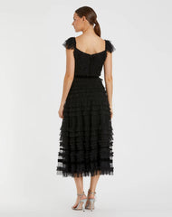 Black Ruffle Cap Sleeve Tiered Midi Dress