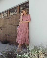 Pink High Neck Ruffle Tiered A-Line Midi Dress