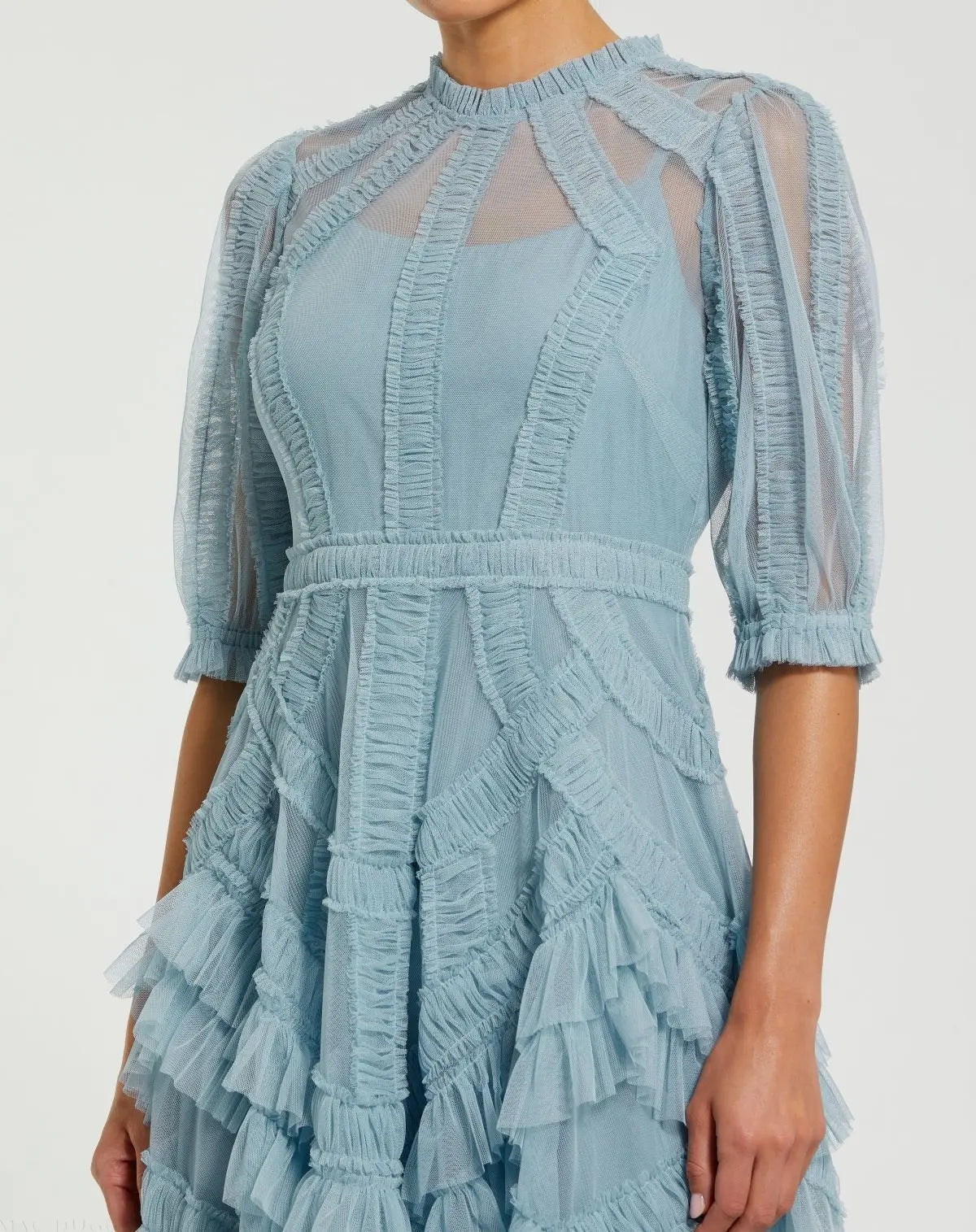Blue High Neck Ruffle Tiered A-Line Midi Dress