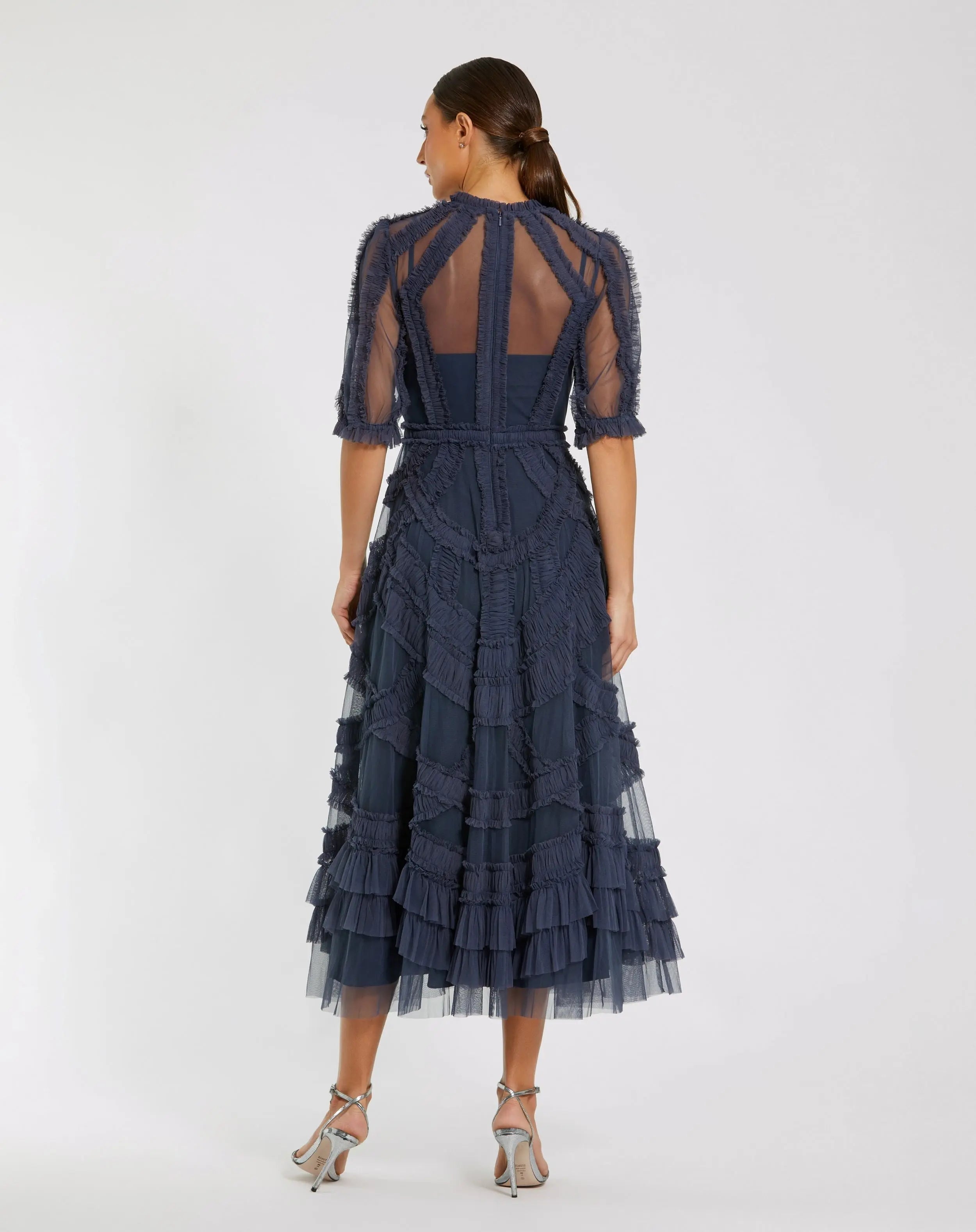 Navy High Neck Ruffle Tiered A-Line Midi Dress