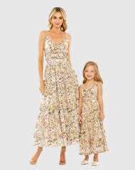 Beige Girls Floral Print Ruffle Tiered Midi Dress