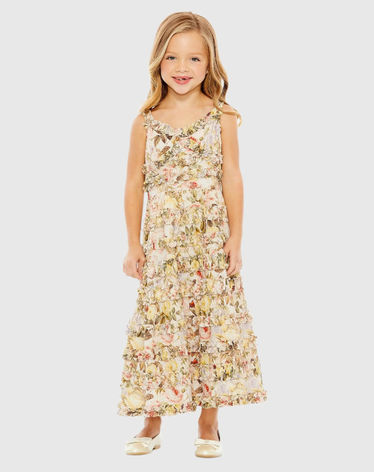 Beige Girls Floral Print Ruffle Tiered Midi Dress