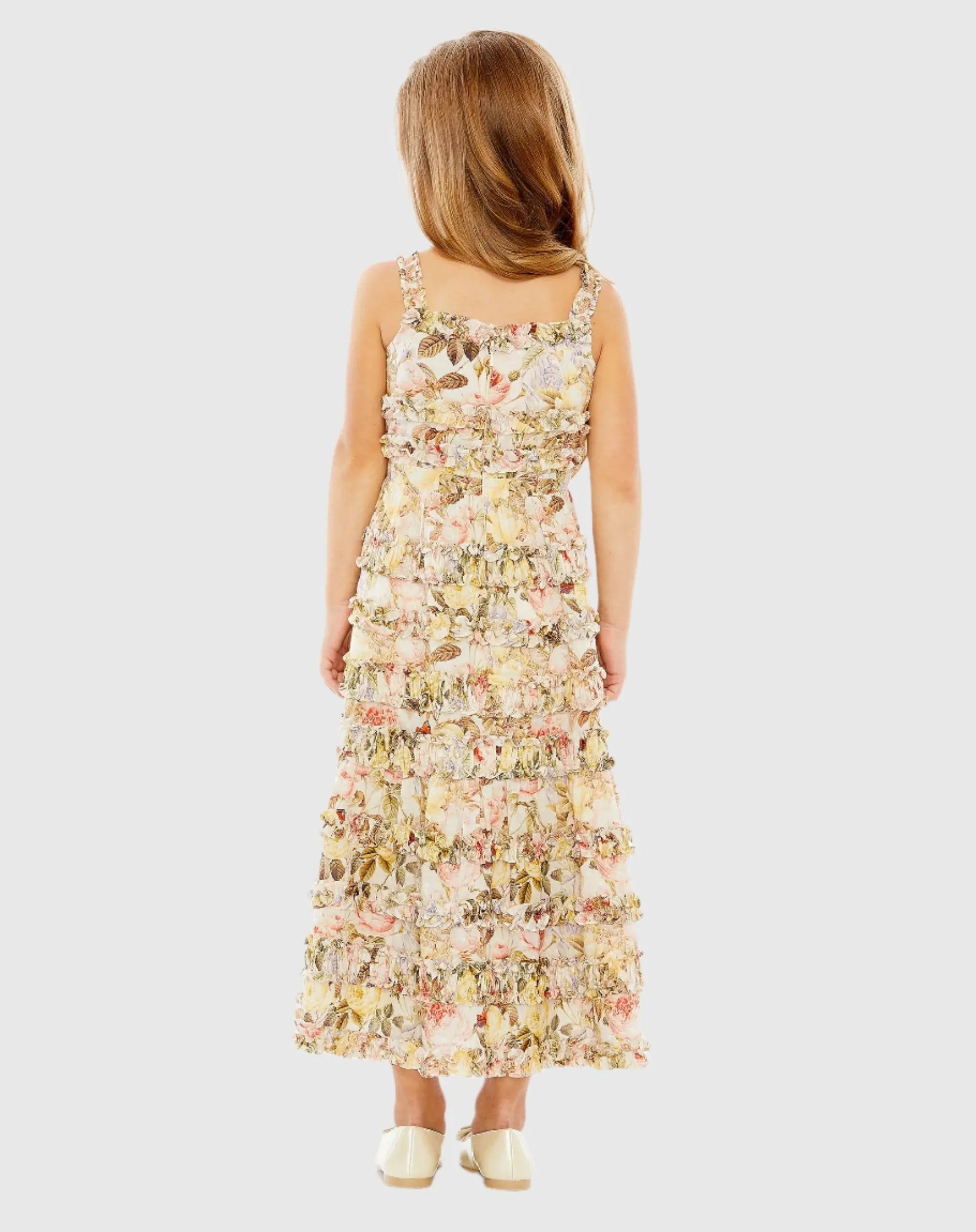 Beige Girls Floral Print Ruffle Tiered Midi Dress