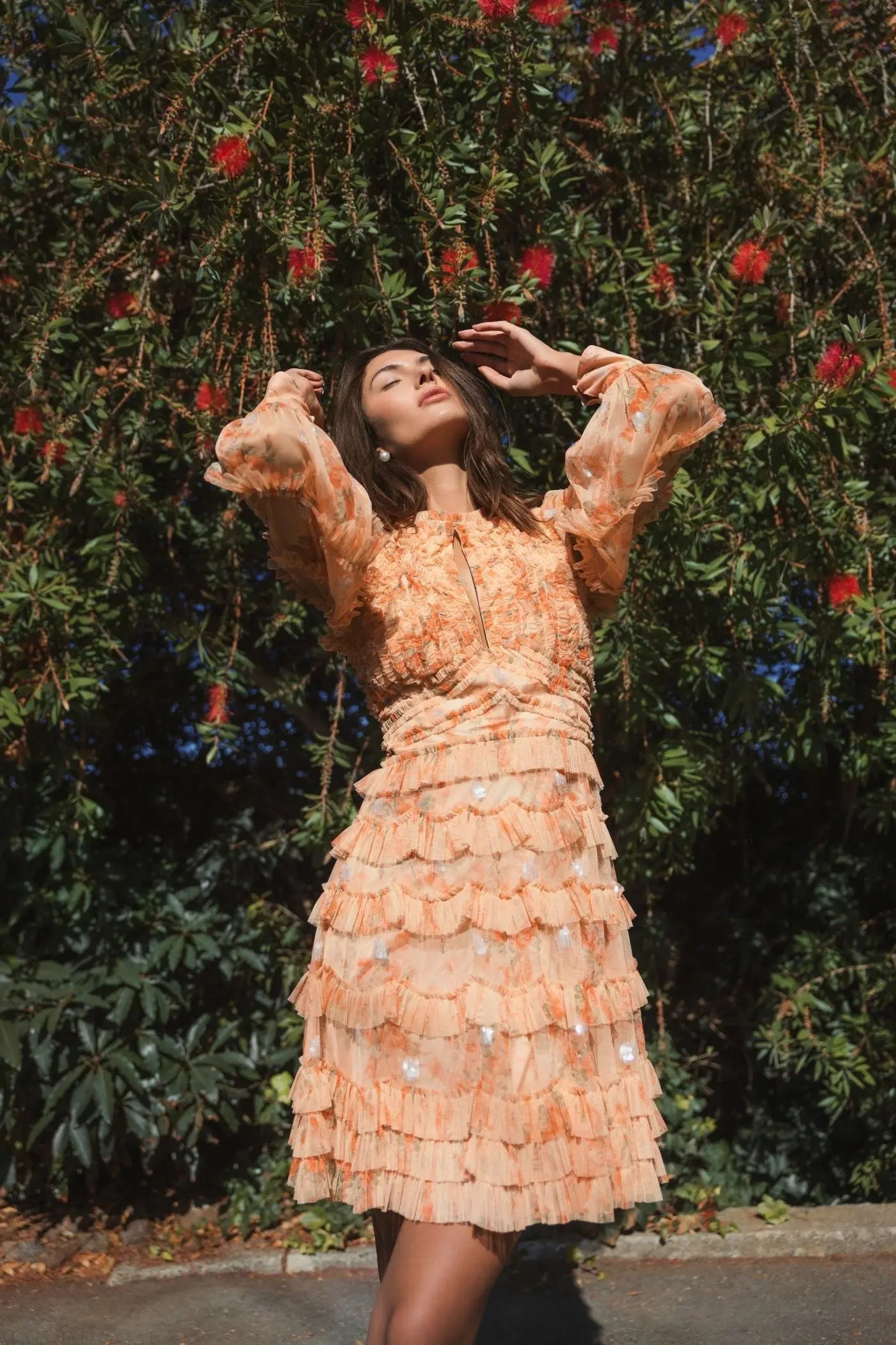 Orange Key Hole Detail Long Sleeve Dress