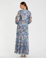 Blue Floral Long Sleeve High Neck Ruffle Midi Dress