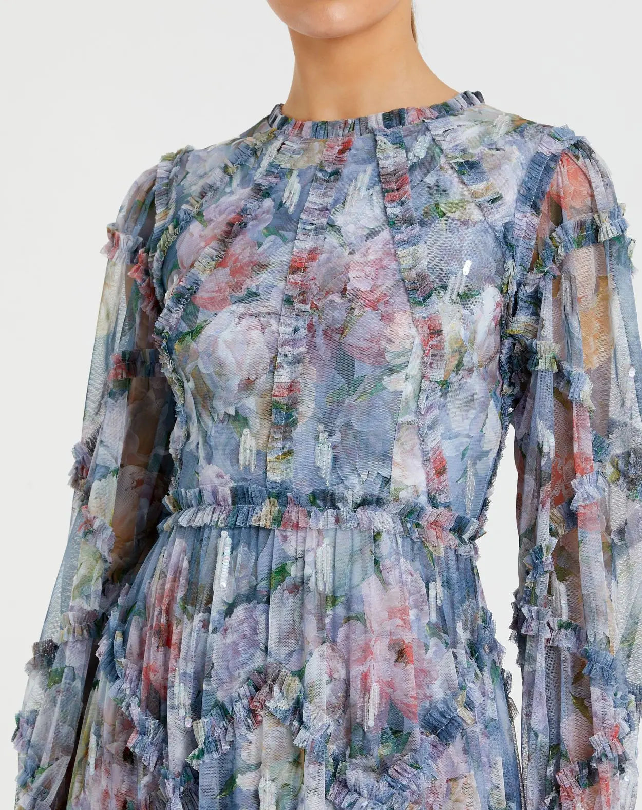 Blue Floral Long Sleeve High Neck Ruffle Midi Dress