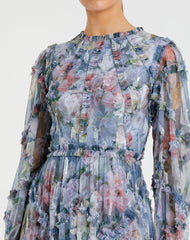Blue Floral Long Sleeve High Neck Ruffle Midi Dress