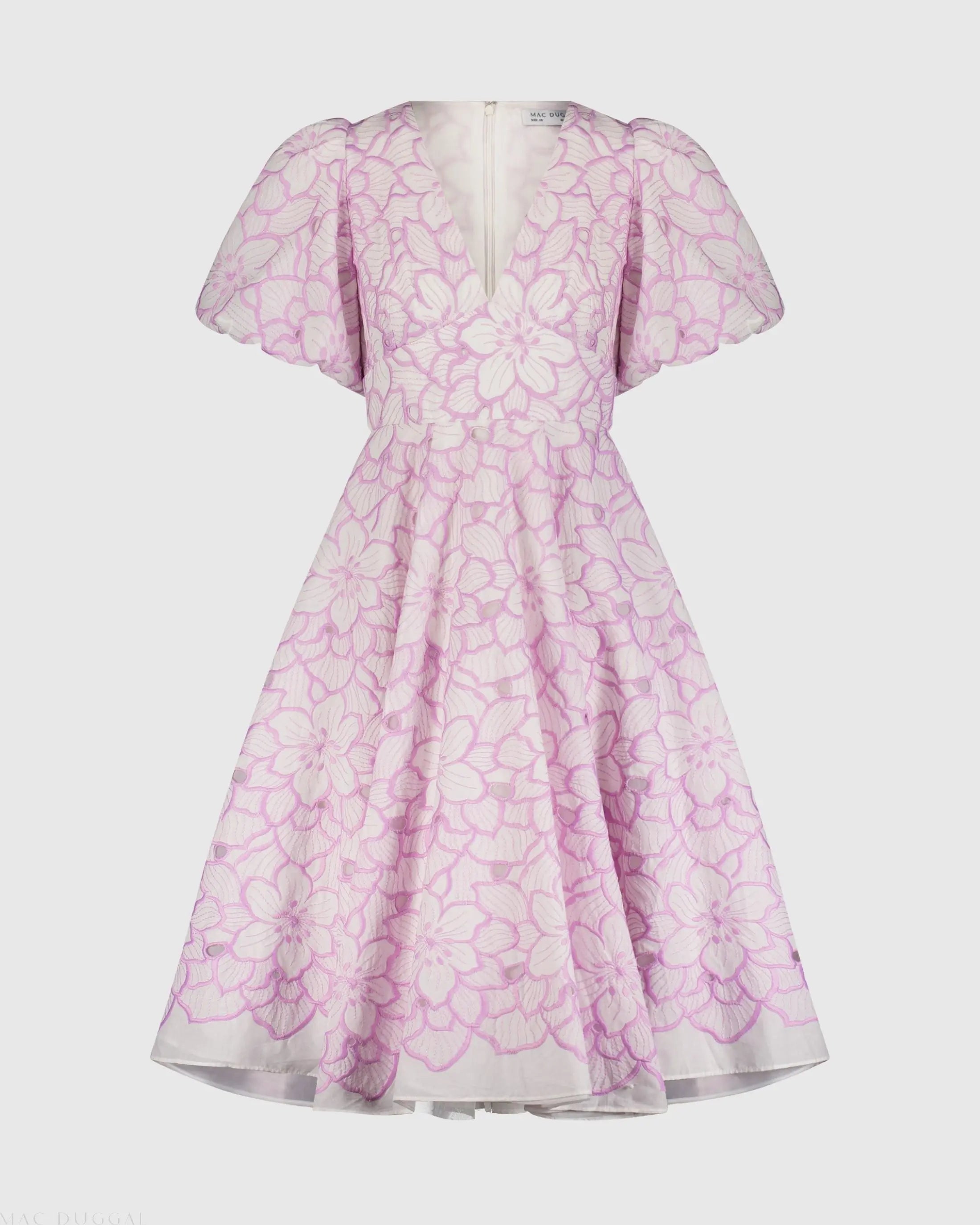 Multicolor Embroidered Floral Puff Sleeve Midi Dress