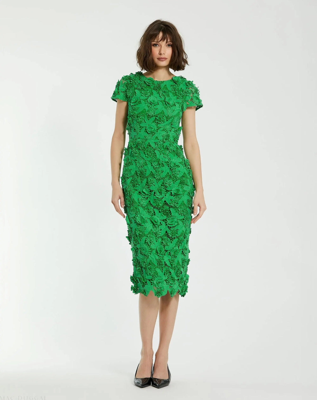 Green Floral Lace Fitted Short Sleeve Midi Dress