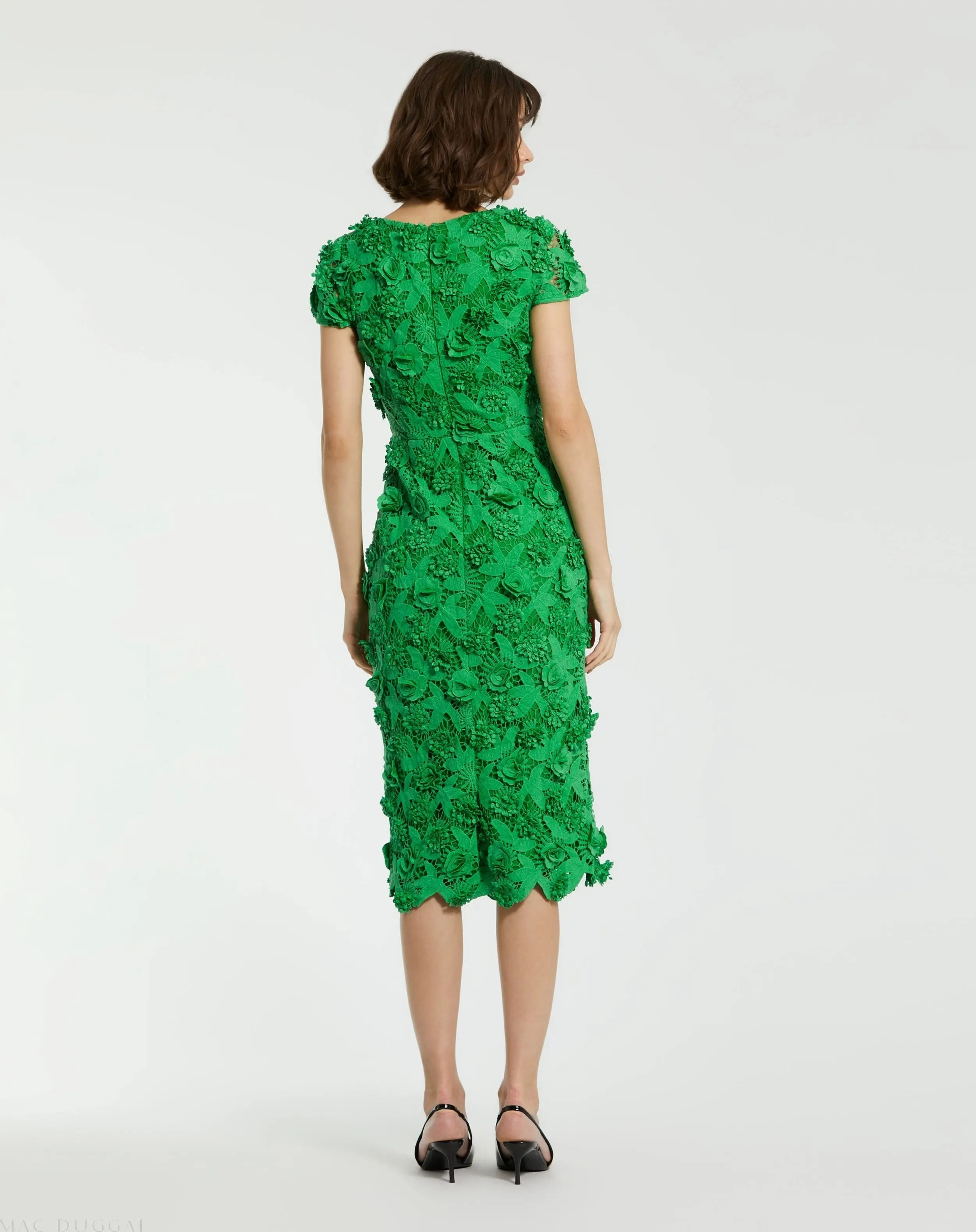 Green Floral Lace Fitted Short Sleeve Midi Dress