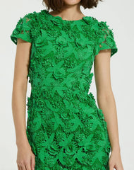 Green Floral Lace Fitted Short Sleeve Midi Dress