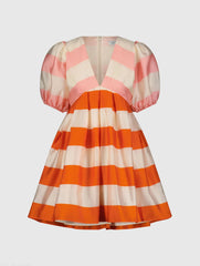 Multicolor Organza Striped Balloon Sleeve Mini Dress