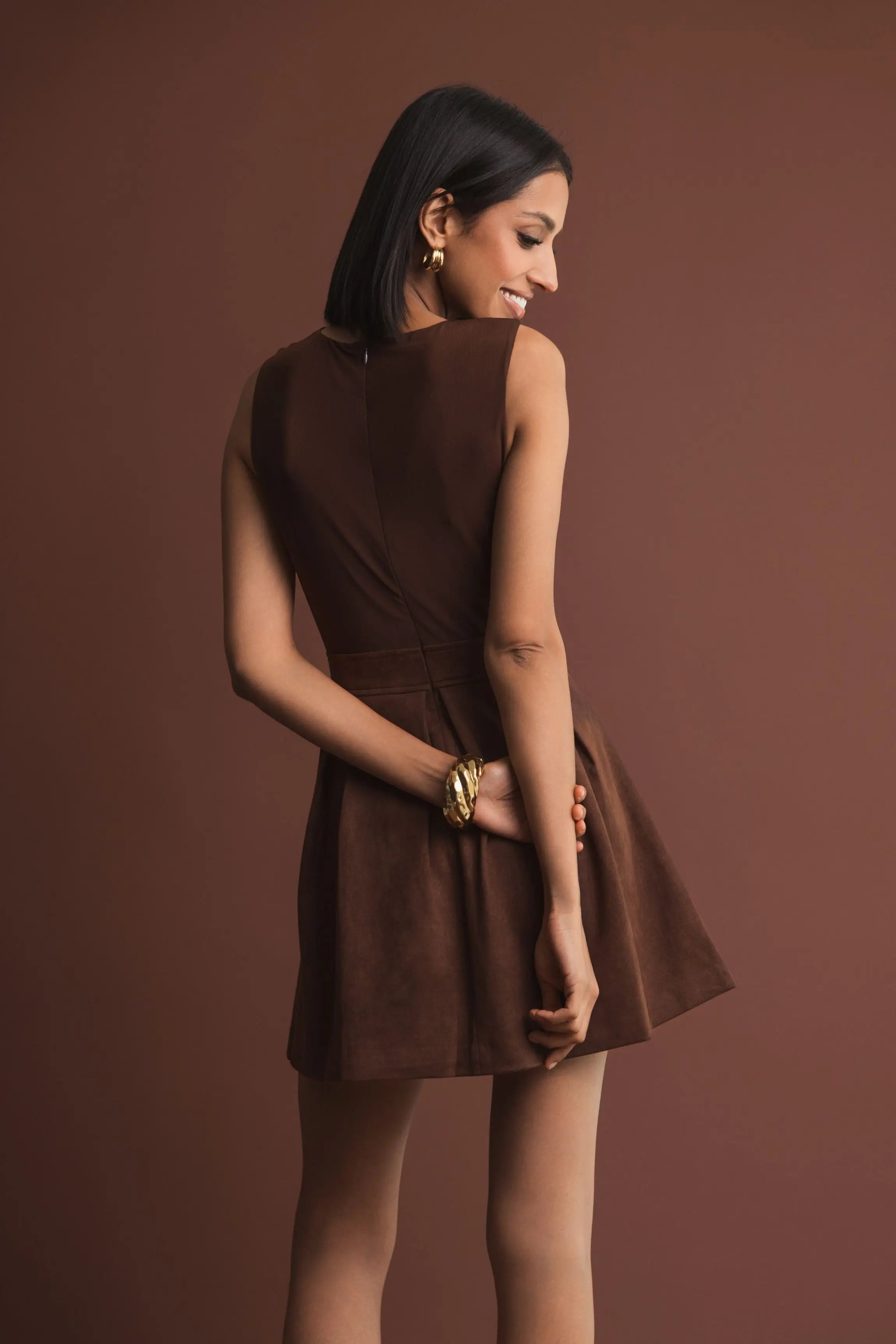 Brown Sleeveless Mesh And Suede A Line Mini Dress