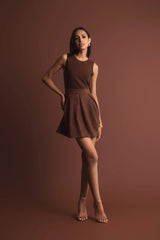 Brown Sleeveless Mesh And Suede A Line Mini Dress