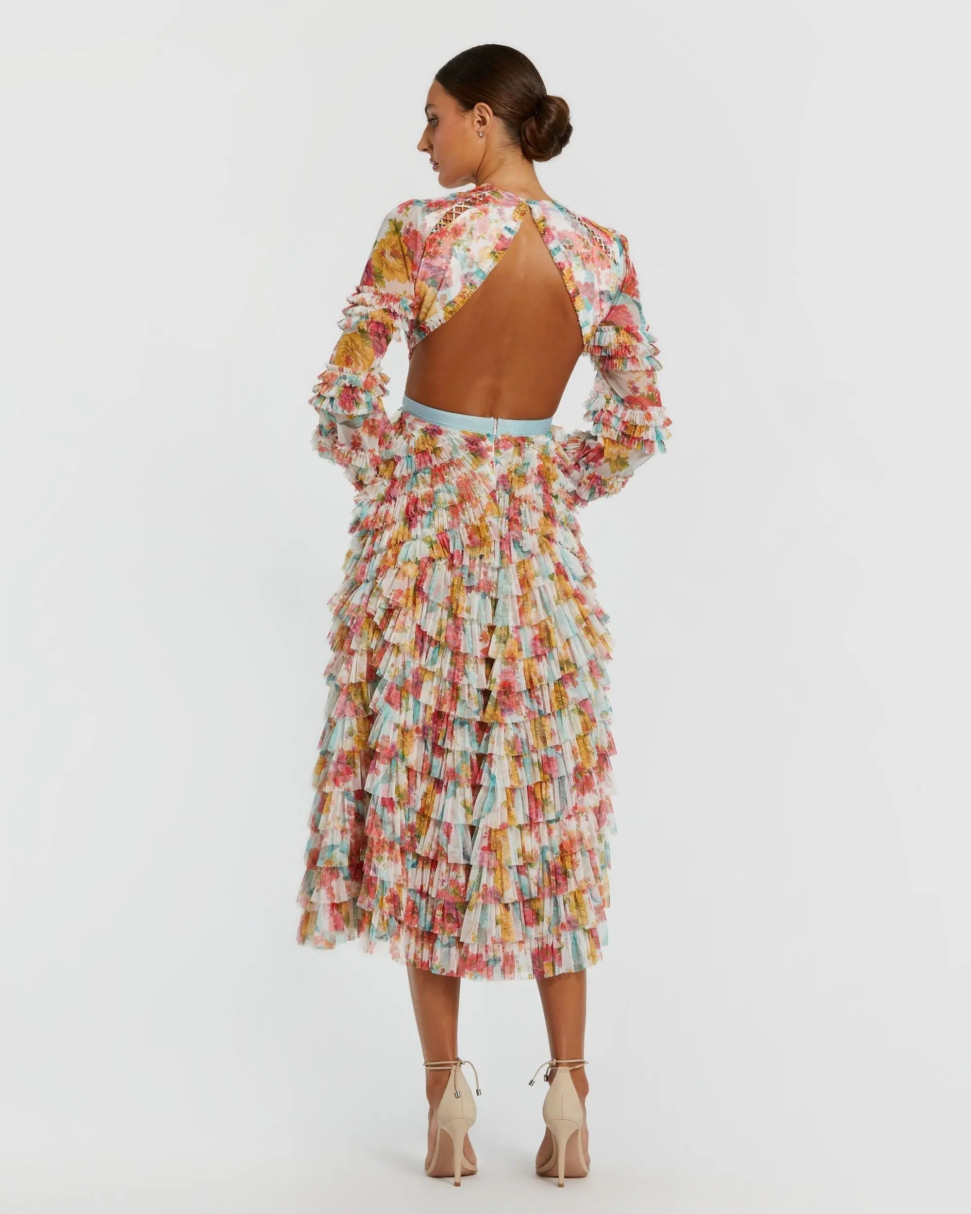 Multicolor Long Sleeve Ruffle Criss Cross Midi Dress