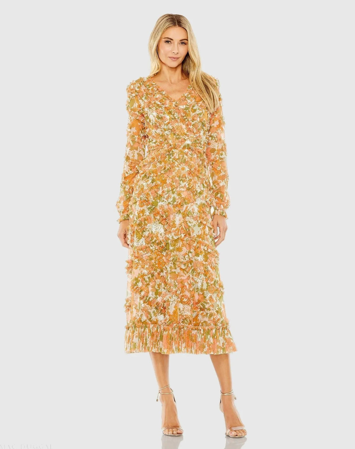 Orange Long Sleeve Low Back Floral V Neck Ruffle Dress
