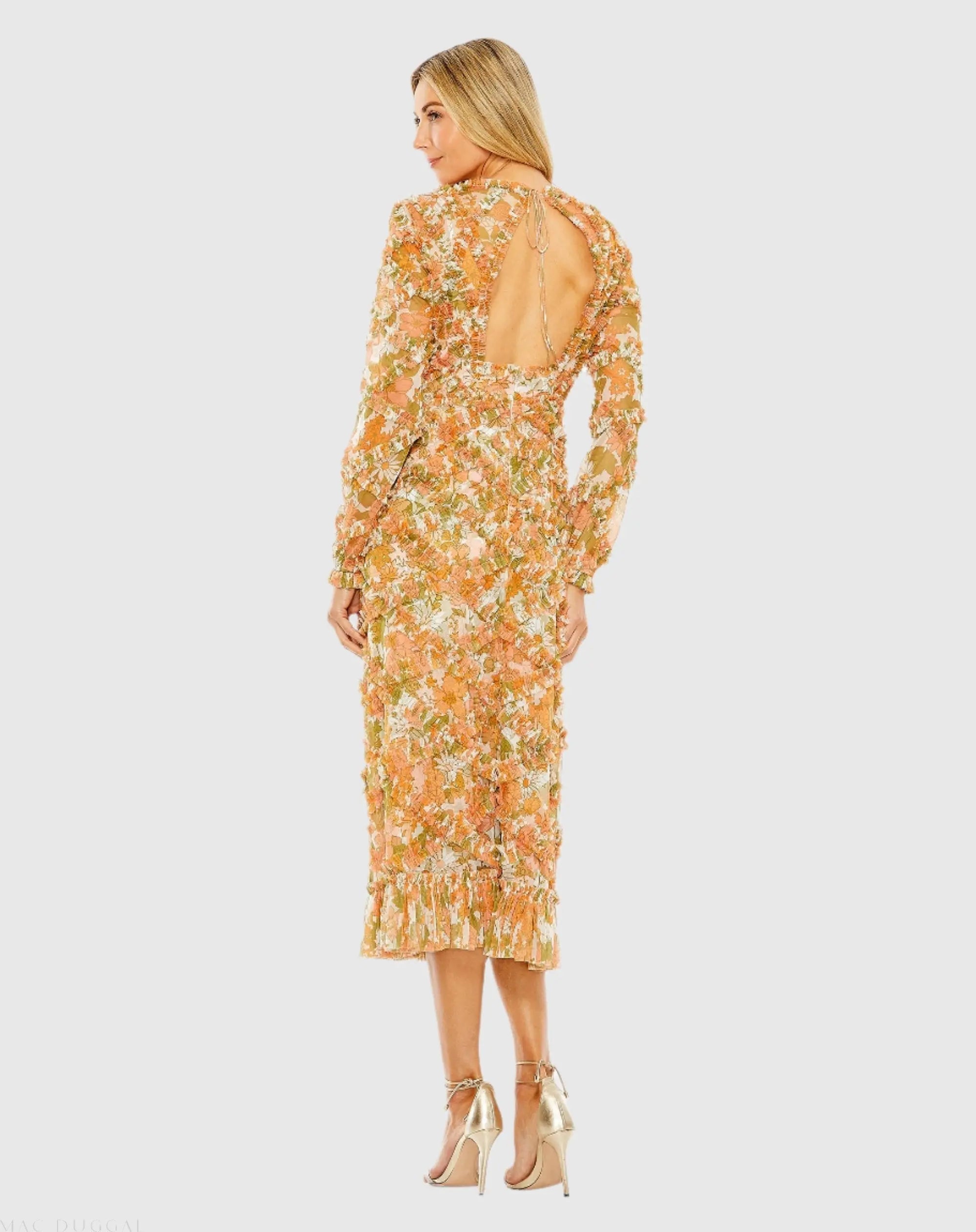Orange Long Sleeve Low Back Floral V Neck Ruffle Dress