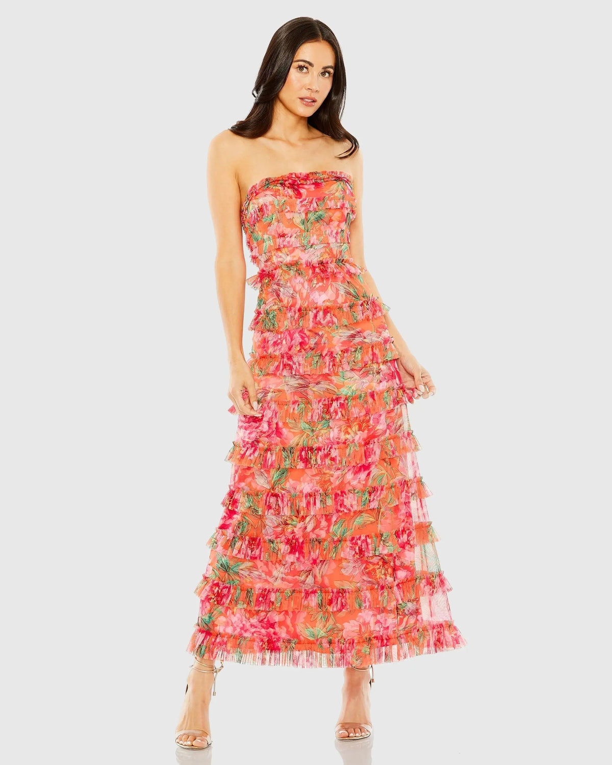 Strapless Floral Micro Ruffle Dress