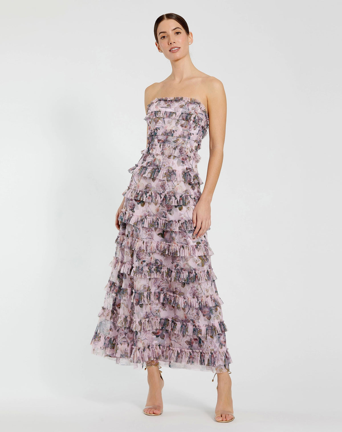 Purple Strapless Floral Micro Ruffle Dress