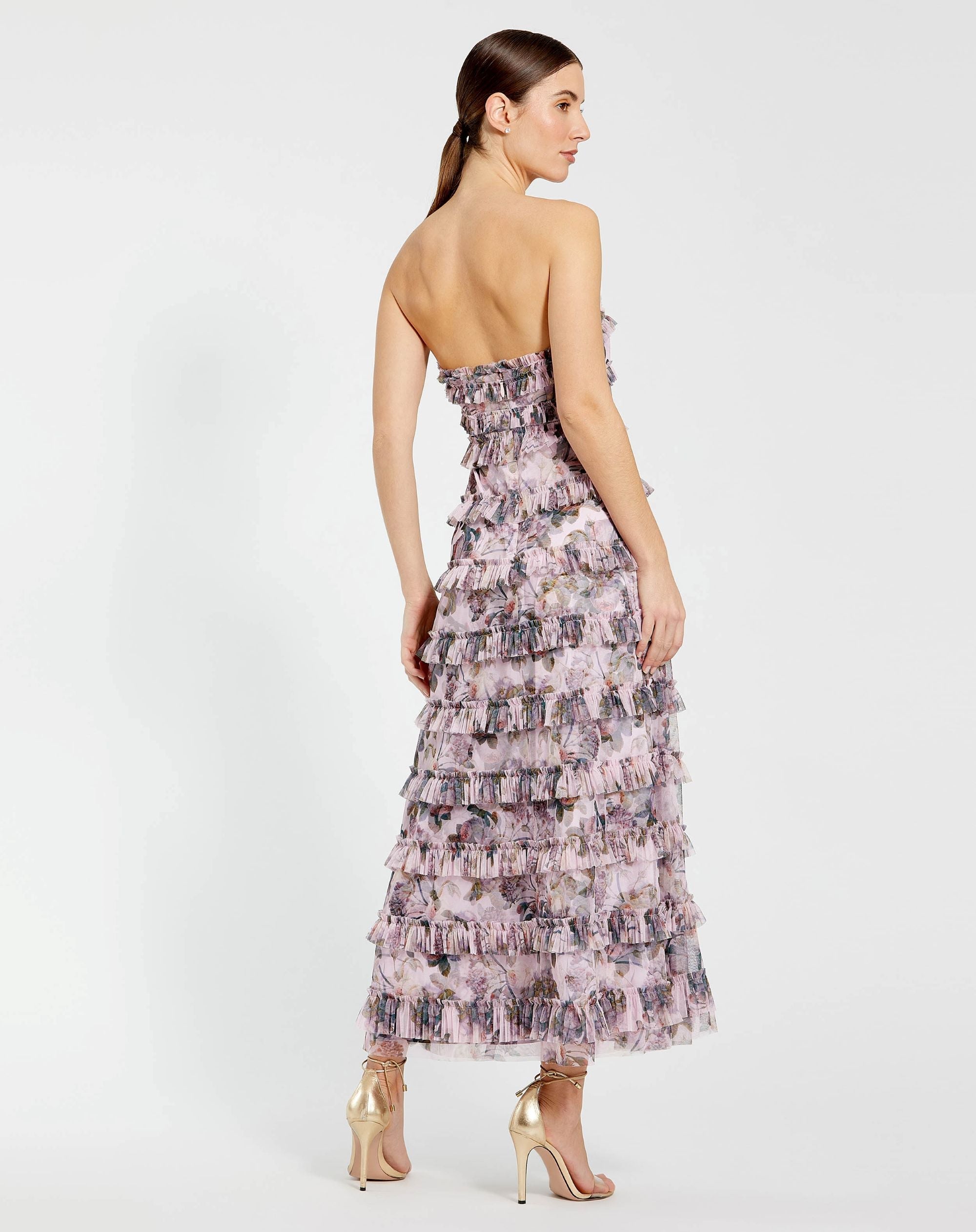 Purple Strapless Floral Micro Ruffle Dress
