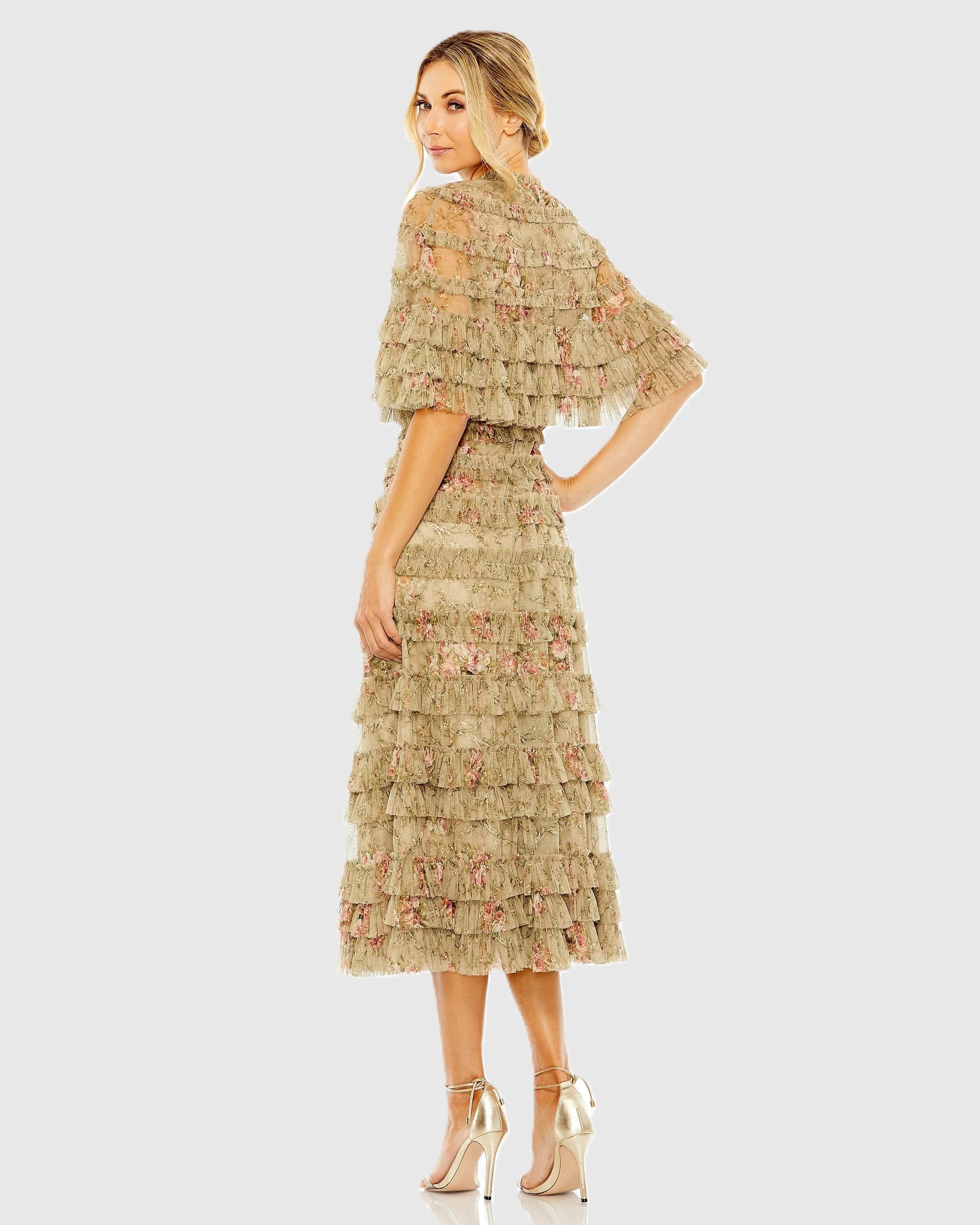 Green Floral Ruffle Midi Dress With Cape