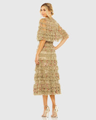 Green Floral Ruffle Midi Dress With Cape