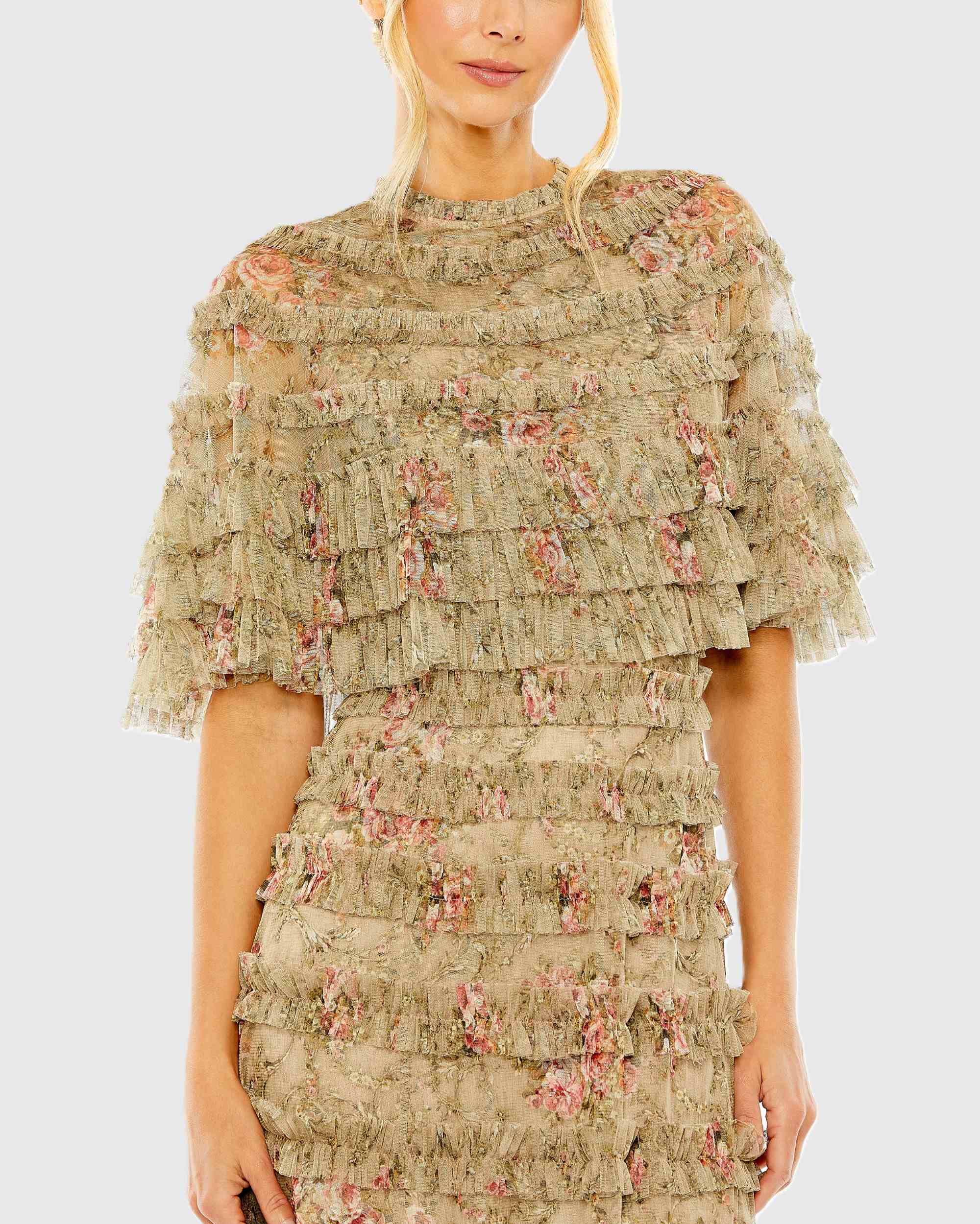 Green Floral Ruffle Midi Dress With Cape