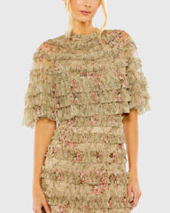 Green Floral Ruffle Midi Dress With Cape