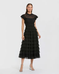 Black Ruffle High Neck Cap Sleeve Midi Dress
