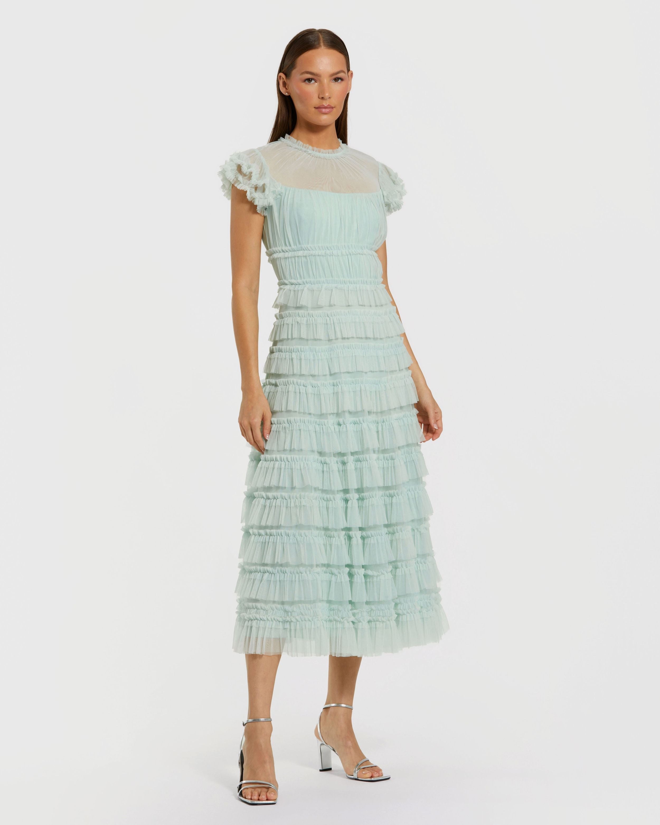 Ruffle High Neck Cap Sleeve Midi Dress