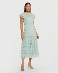 Ruffle High Neck Cap Sleeve Midi Dress