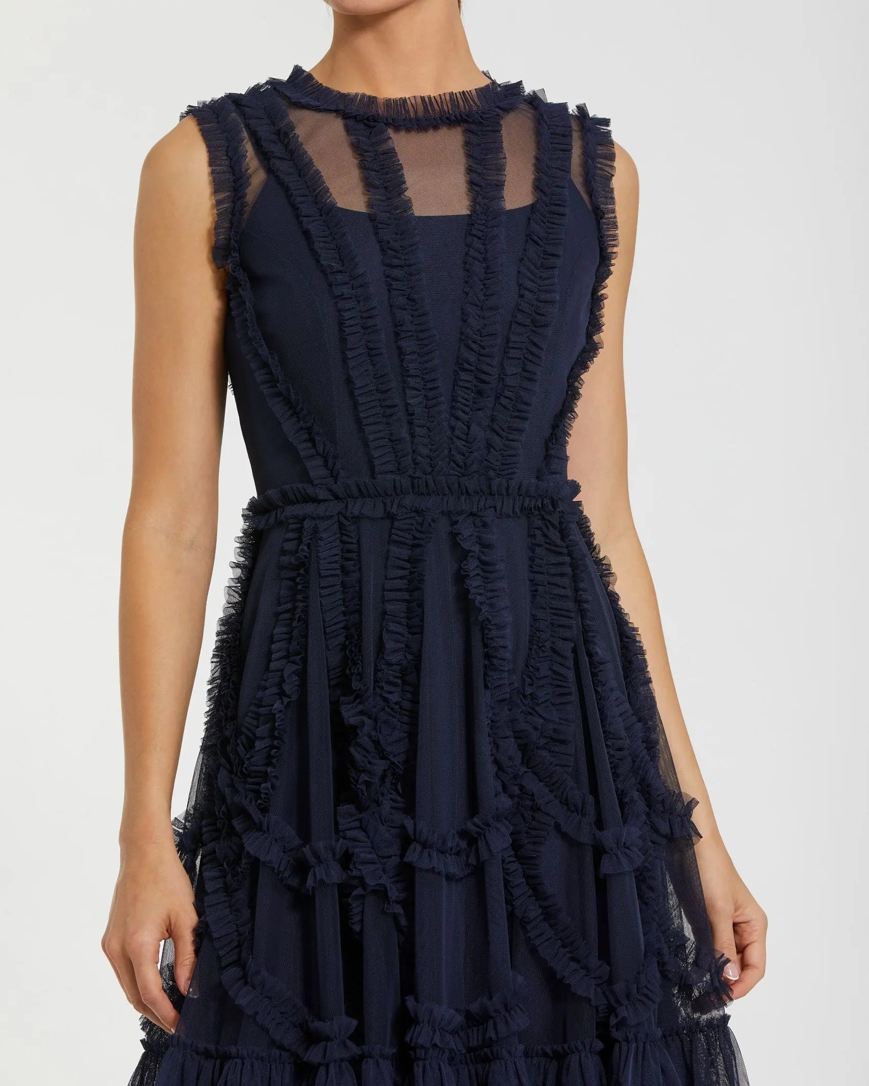 Navy High Neck Sleeveless Micro Ruffle Mini Dress