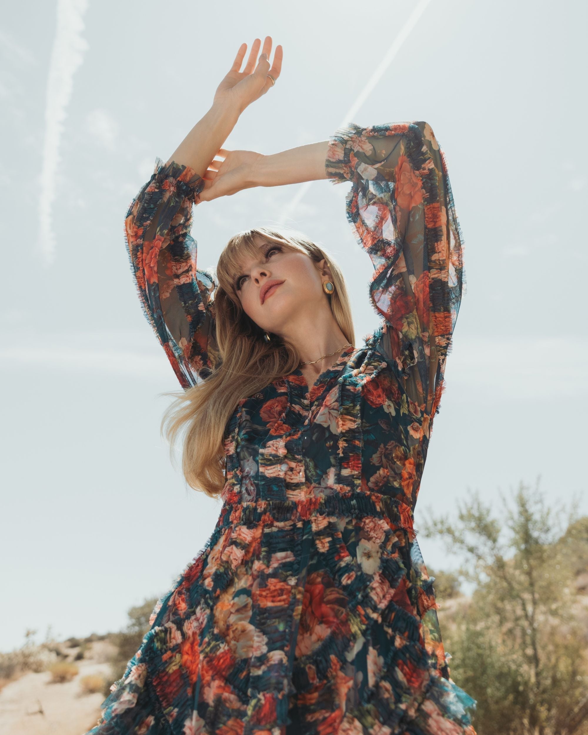 Teal Long Sleeve Floral Midi Dress With Ruffles