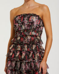 Black Multicolor Strapless Micro Ruffle A Line Midi Dress