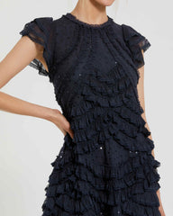 Navy High Neck Cap Sleeve Micro Ruffle Midi Dress