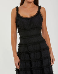 Black Sleeveless Lace A Line Midi Dress With Ruffles