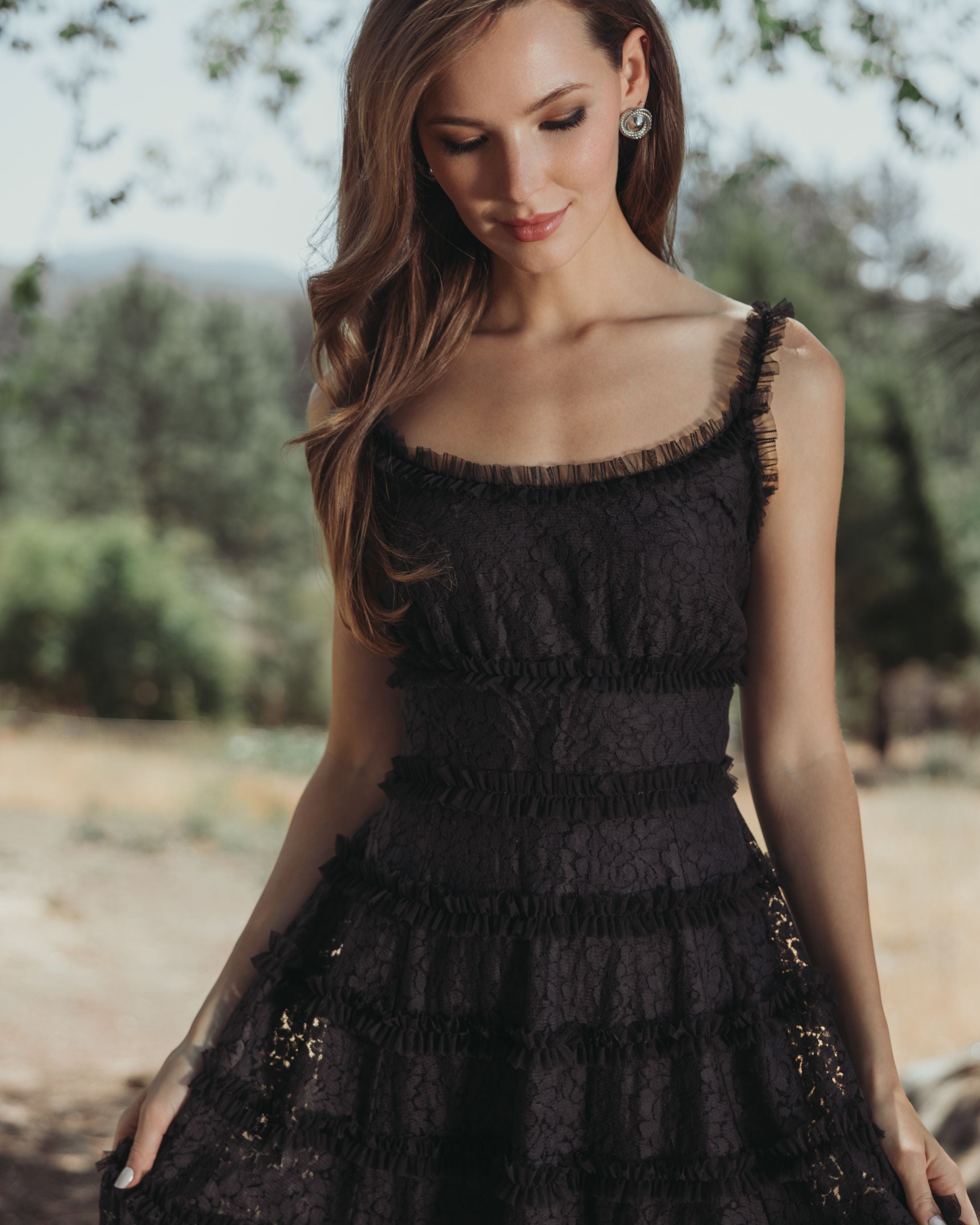 Black Sleeveless Lace A Line Midi Dress With Ruffles