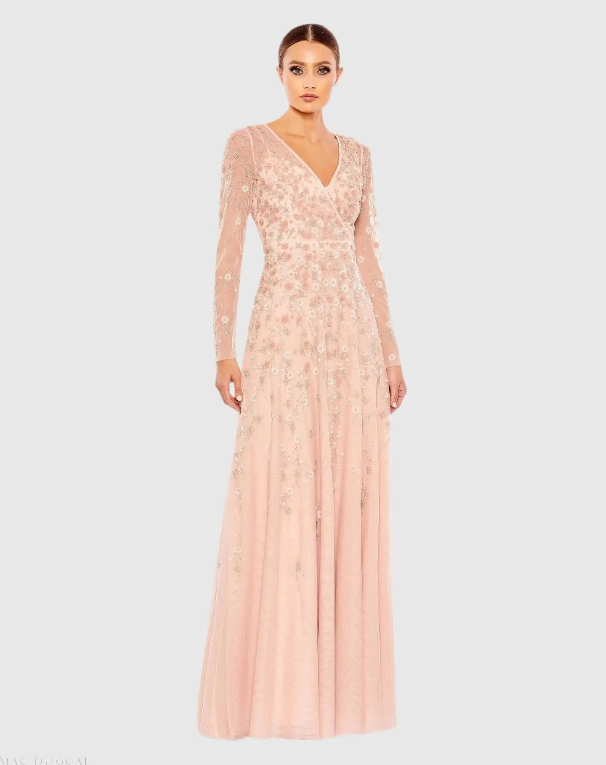 Embellished Wrap Over Illusion Long Sleeve A Line Gown