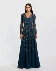 Embellished Wrap Over Illusion Long Sleeve A Line Gown