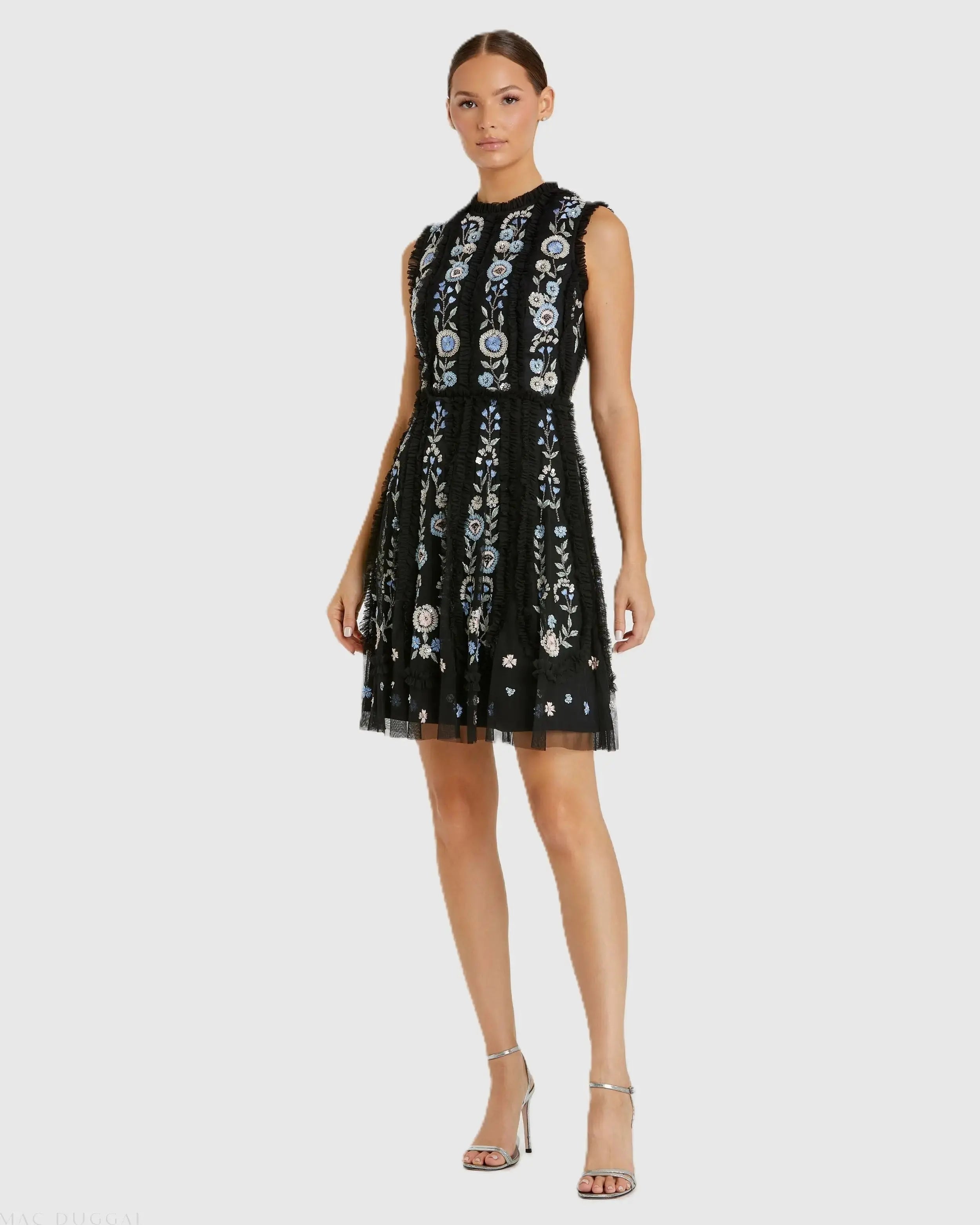 Sleeveless High Neck Embroidered Mini Dress