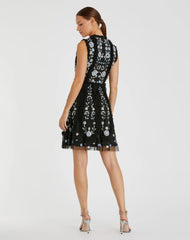 Black Sleeveless High Neck Embroidered Mini Dress