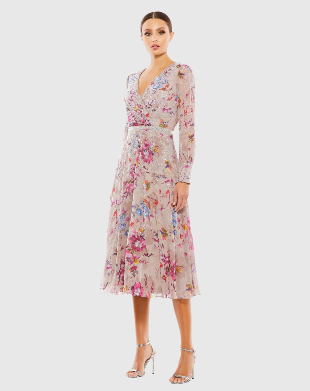 Multicolor Hand Embellished Floral Long Sleeve Midi Dress